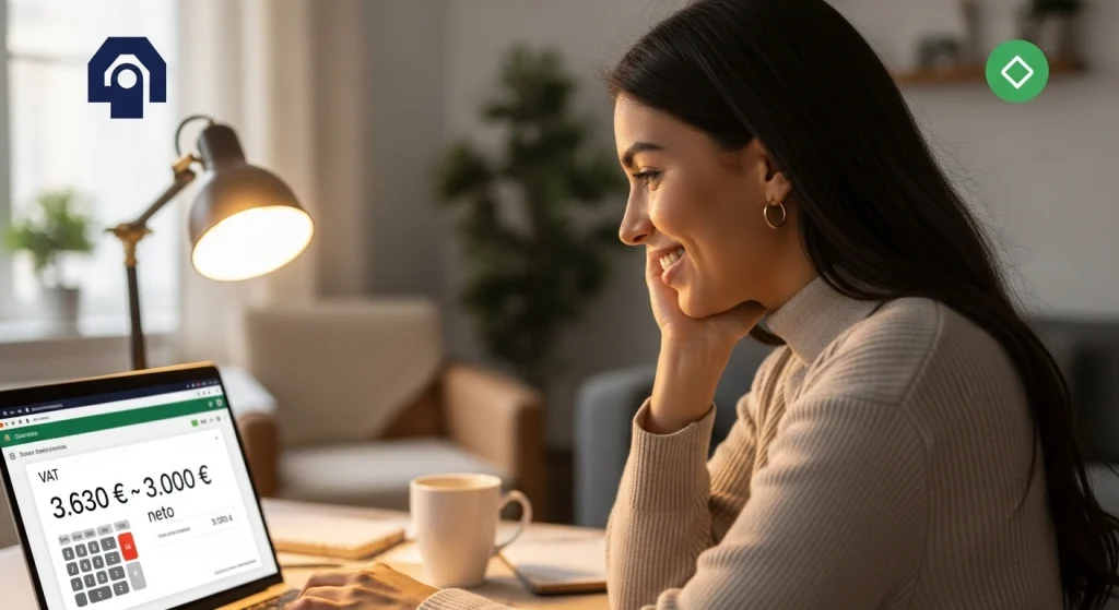 Freelancer calculando IVA de factura de cliente España usando calculadora online